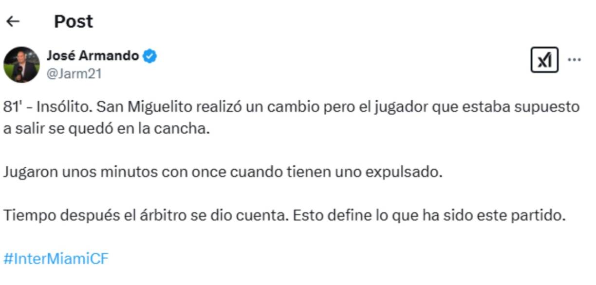 El periodista José Armando recalcó algo insólito que se vivió: Sporting San Miguelito jugó con once por algunos minutos pese a que le habían expulsado a su jugador Aymar Cundumí tras las agresiones sobre Messi.