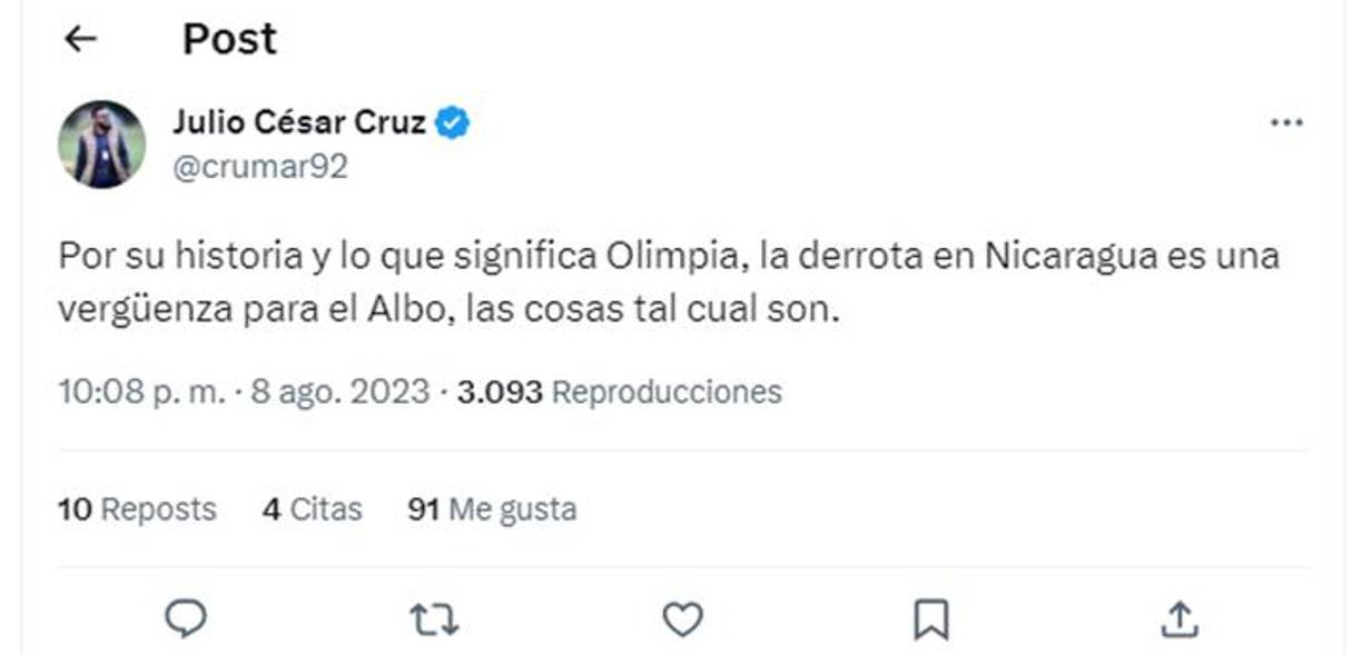 ”Por su historia y lo que significa Olimpia, la derrota en Nicaragua es una vergüenza para el albo, las cosas tal cual son”, expresó el periodista hondureño Julio Cruz.