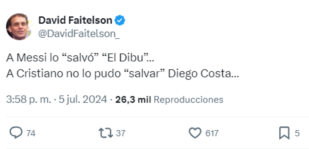 El polémico periodista, David Faitelson, recordó que a Messi lo salvó el ‘Dibu’ Martínez en la Copa América. Sin embargo, Diego Costa no pudo repetir su hazaña esta vez para mantener a Cristiano en el torneo.