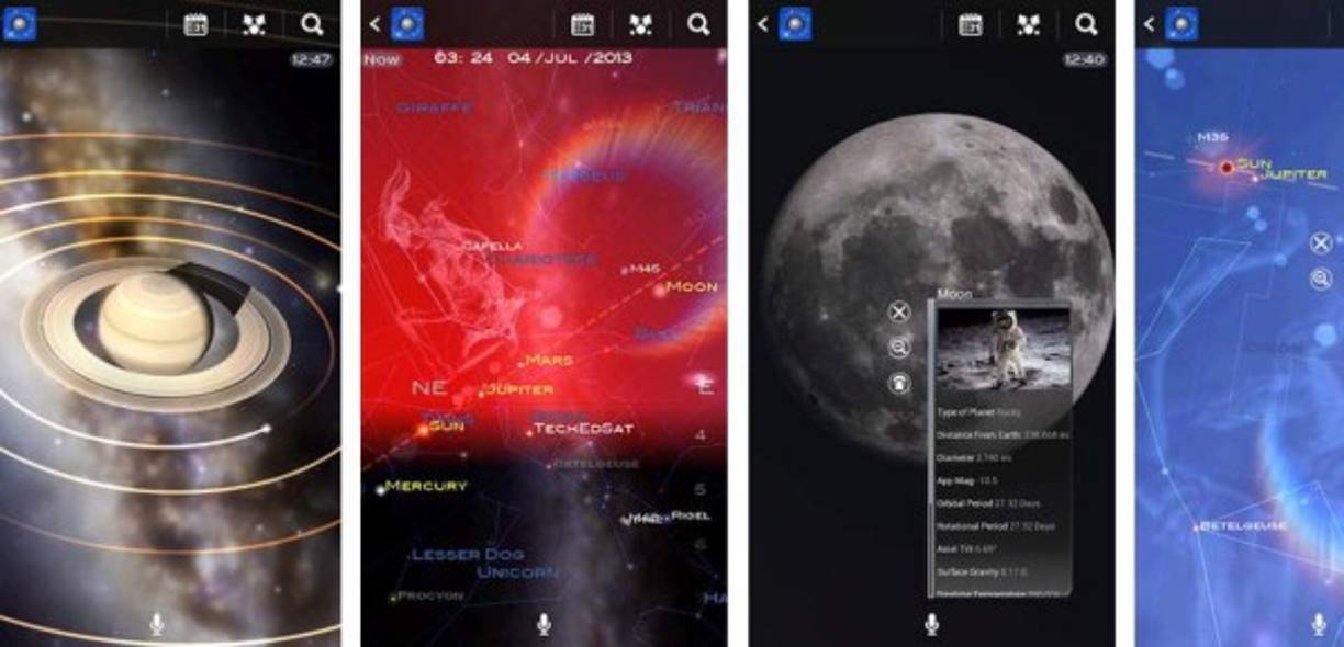 5) Mapa Estelar<br/><br/>Una aplicación que te permite navegar por el espacio a través de la cámara de tu celular. Mapa Estelar fue diseñada con un GPS; y es por medio de él que con tan solo apuntar hacia una estrella del cielo, podrás ver su información más relevante como luminosidad y distancia. <br/><br/>Integra los datos de más de 5.000 estrellas y de todos los planetas del sistema solar, muestra las 88 constelaciones y nos ofrece la posibilidad de observar el cielo moviendo nuestro dedo por la pantalla del smartphone.
