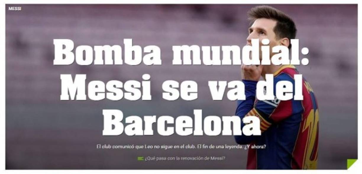 Diario Olé (Argentina) - “Bomba mundial: Messi se va del Barcelona”.
