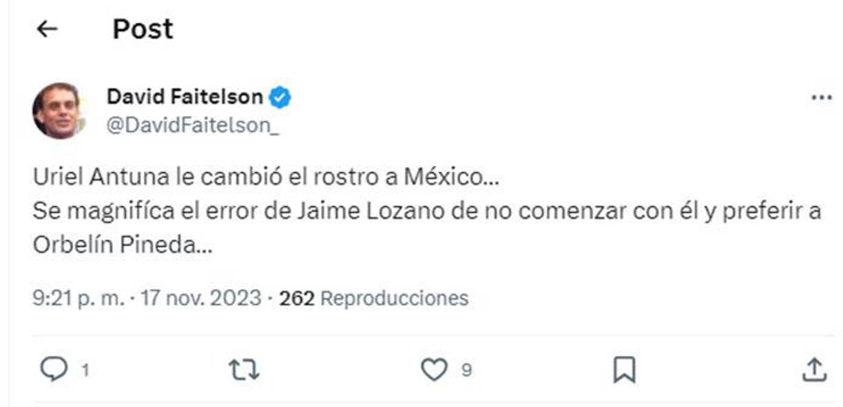 Faitelson tuvo palabras de elogios para Uriel Antuna, quien ingresó en el inicio del segundo tiempo.