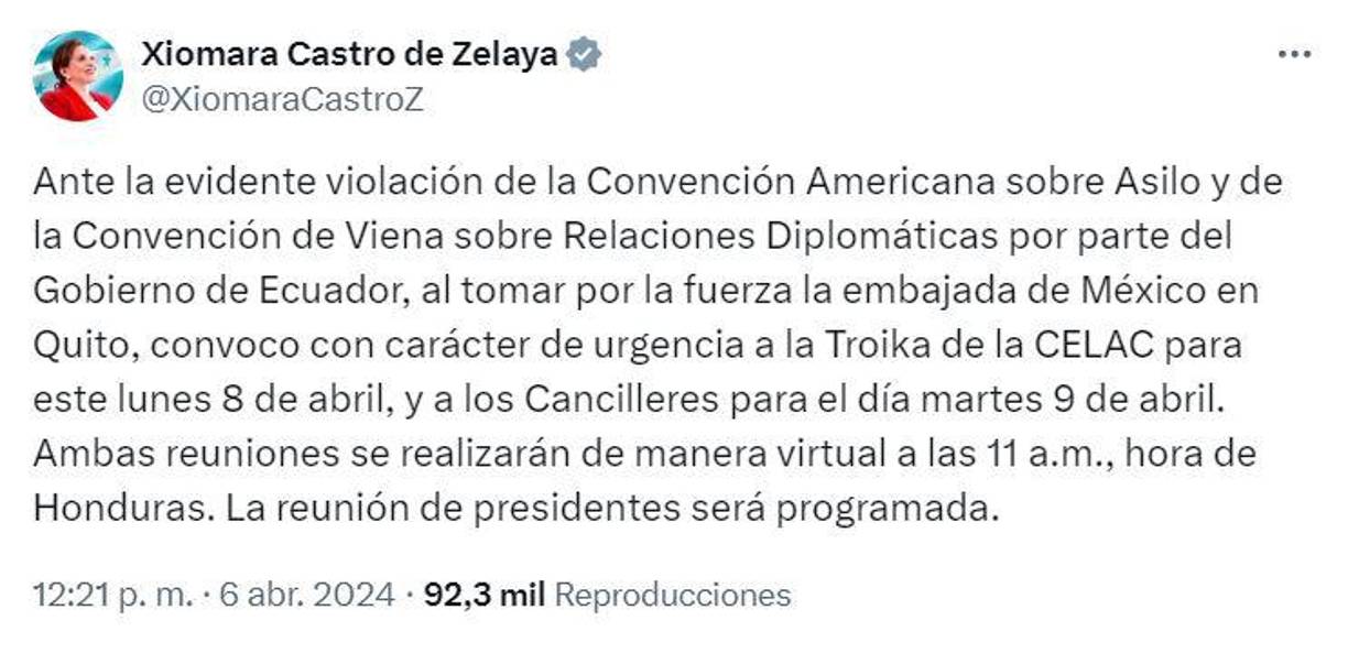 La mandataria hondureña convocó a una sesión urgente de la Celac para tratar el delicado tema. 