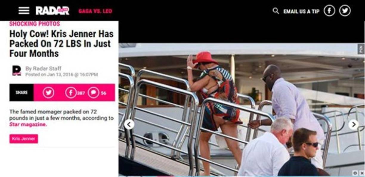 Radar Online dice que Kris habría subido al menos 72 libras de peso.