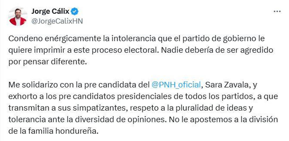 El mensaje de Jorge Cálix en sus redes sociales, refiriéndose al ataque que sufrió Sara Zavala. 