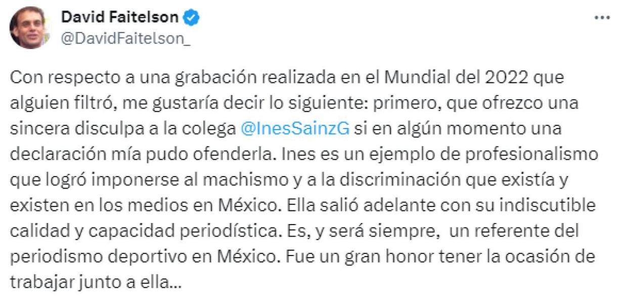 La filtración del video hizo que Faitelson se disculpara con su colega por medio de su cuenta de X. El analista de TUDN aseguró que Inés es un “ejemplo de profesionalismo” y que tuvo “el gran honor” de trabajar con ella hace años.