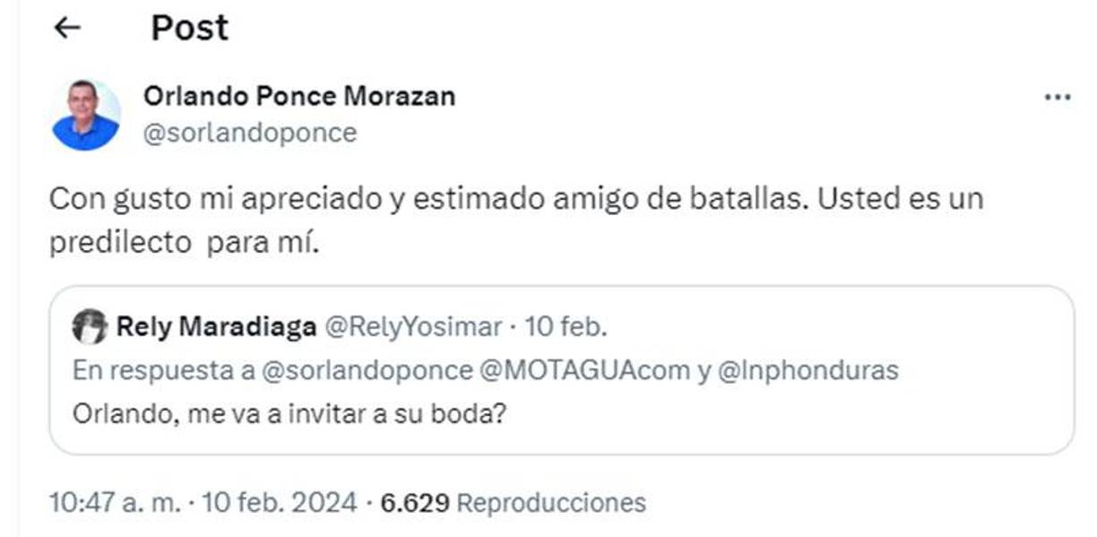 Orlando Ponce reveló que uno de sus primeros invitados a la boda será su compañero Rely Maradiaga. 