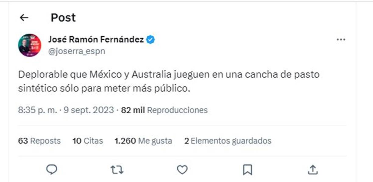 José Ramón Fernández cuestionó el estado del césped en donde se jugó el México vs Australia. 