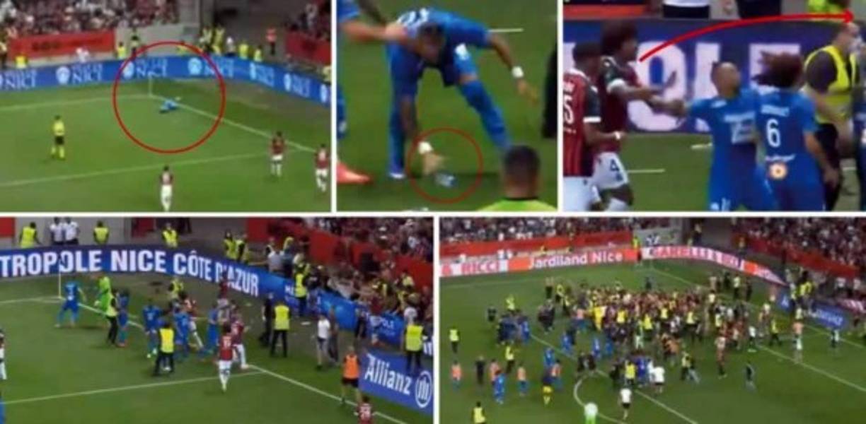 El incidente comenzó en el minuto 75 cuando el jugador del Marsella, Dimitri Payet, devolvió a la tribuna de aficionados del Niza una de las botellas de plástico que le lanzaban cada vez que sacaba un córner.