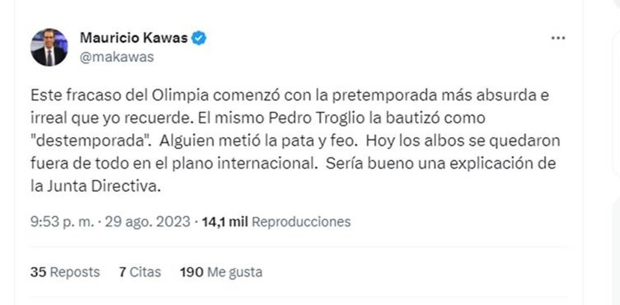 Mauricio Kawas señaló las causas que provocaron la eliminación del León: “Este fracaso del Olimpia comenzó con la pretemporada más absurda e irreal que yo recuerde. El mismo Troglio la bautizó como “destemporada.” Alguien metió la pata y feo”, mencionó. 