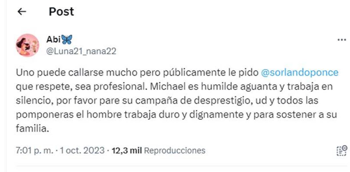 El mensaje de la esposa de Michael Perelló en la que evidenció su malestar con Orlando Ponce Morazán.