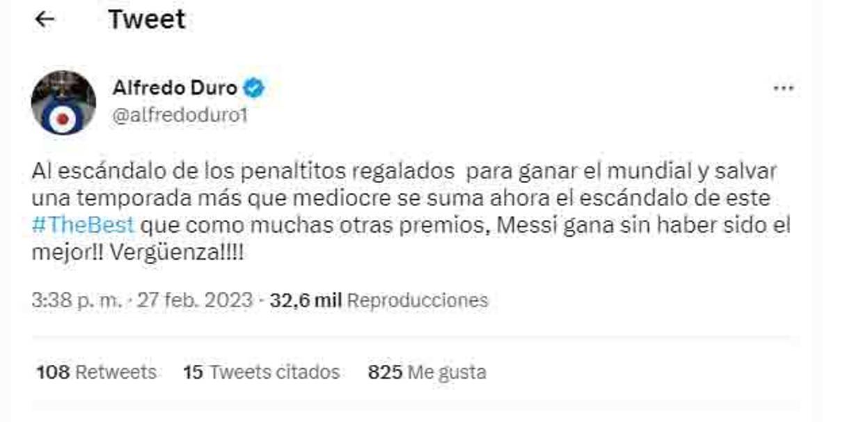 Alfredo Duro de El Chiringuito señaló su molestia por el premio ganado por Lionel Messi.
