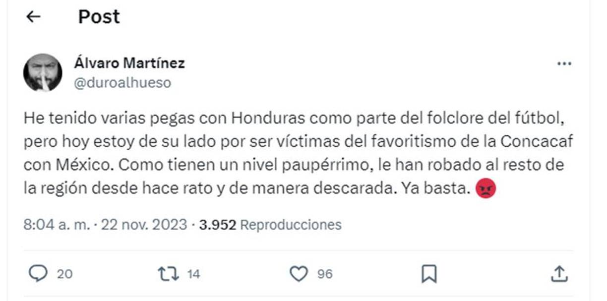 Álvaro Martínez de Panamá se mostró indignado por lo ocurrido en el México vs Honduras en el estadio Azteca. 