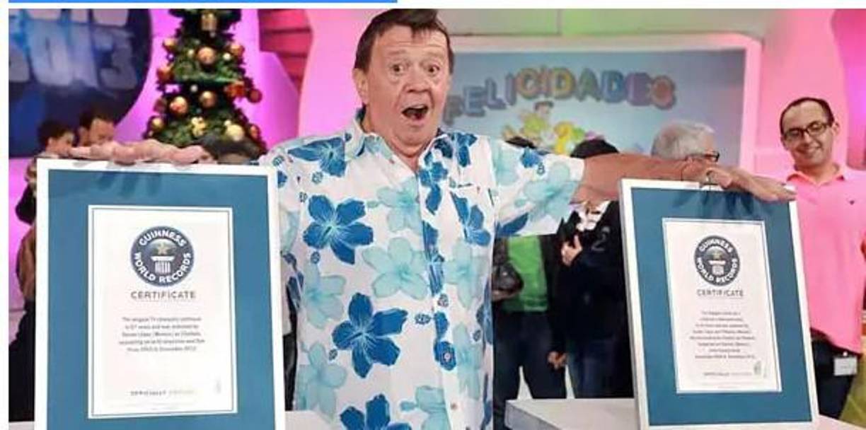 6. Tiene 2 Récords Guiness. Obtuvo el récord por mayor trayectoria como conductor de un programa infantil con 44 años al aire. También lo obtuvo por el mayor tiempo representando a un personaje por ser Chabelo durante 57 años.