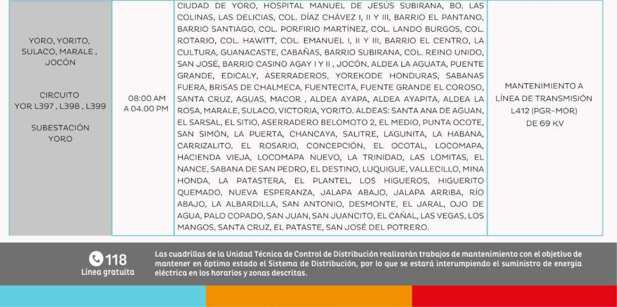 Varios municipios del departamento de Yoro tampoco tendrán luz eléctrica entre las 8:00 de la mañana y 4:00 de la tarde. 