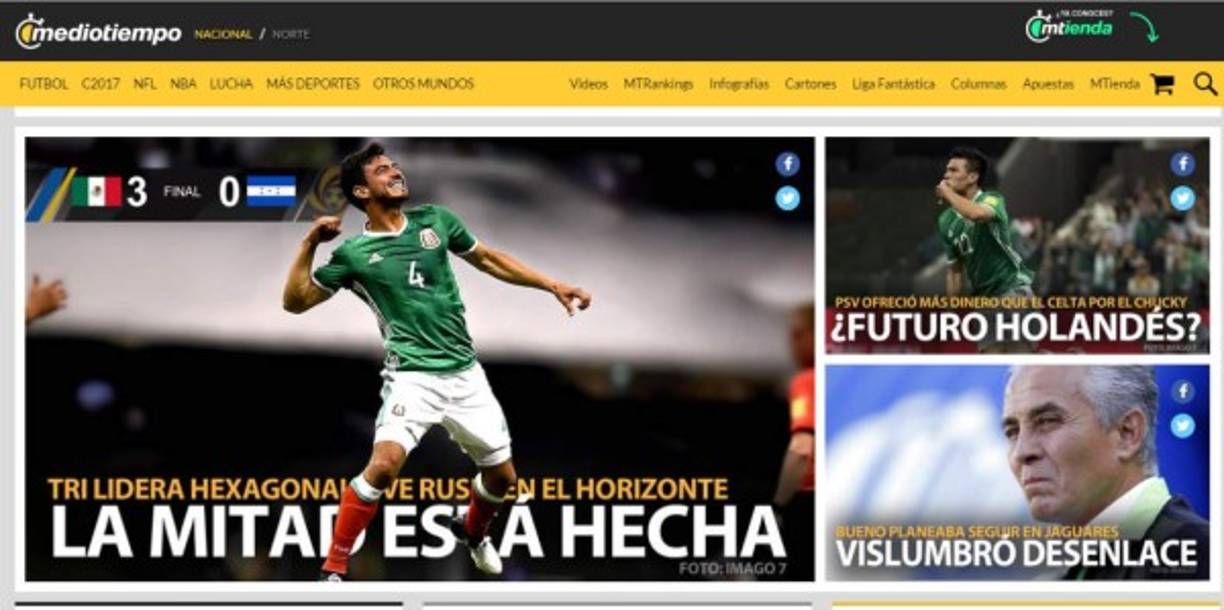 El portal de MedioTiempo dice que 'la mitad está hecha', en referencia a que México ya tiene un pie en el Mundial. 'Tri lidera hexagonal y ve Rusia en el horizonte'.