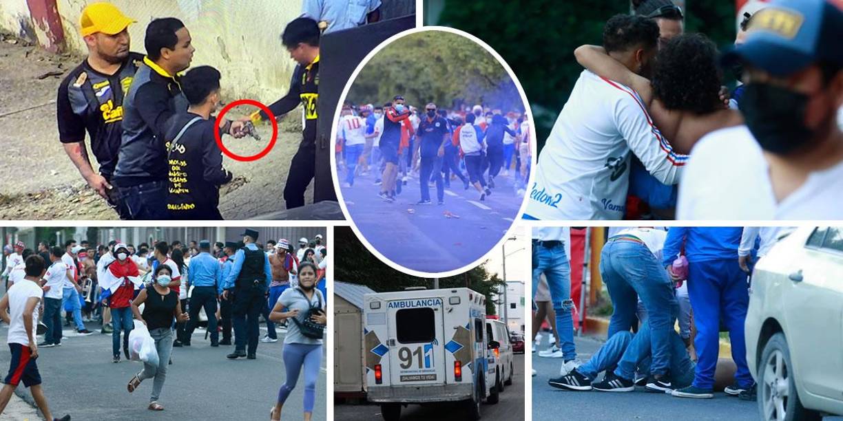 Las imágenes del enfrentamiento que protagonizaron las barras de Real España y Olimpia en las afueras del estadio Morazán previo a la Gran Final del Torneo Apertura 2021, dejando un salgo de 12 heridos y mucho terror.