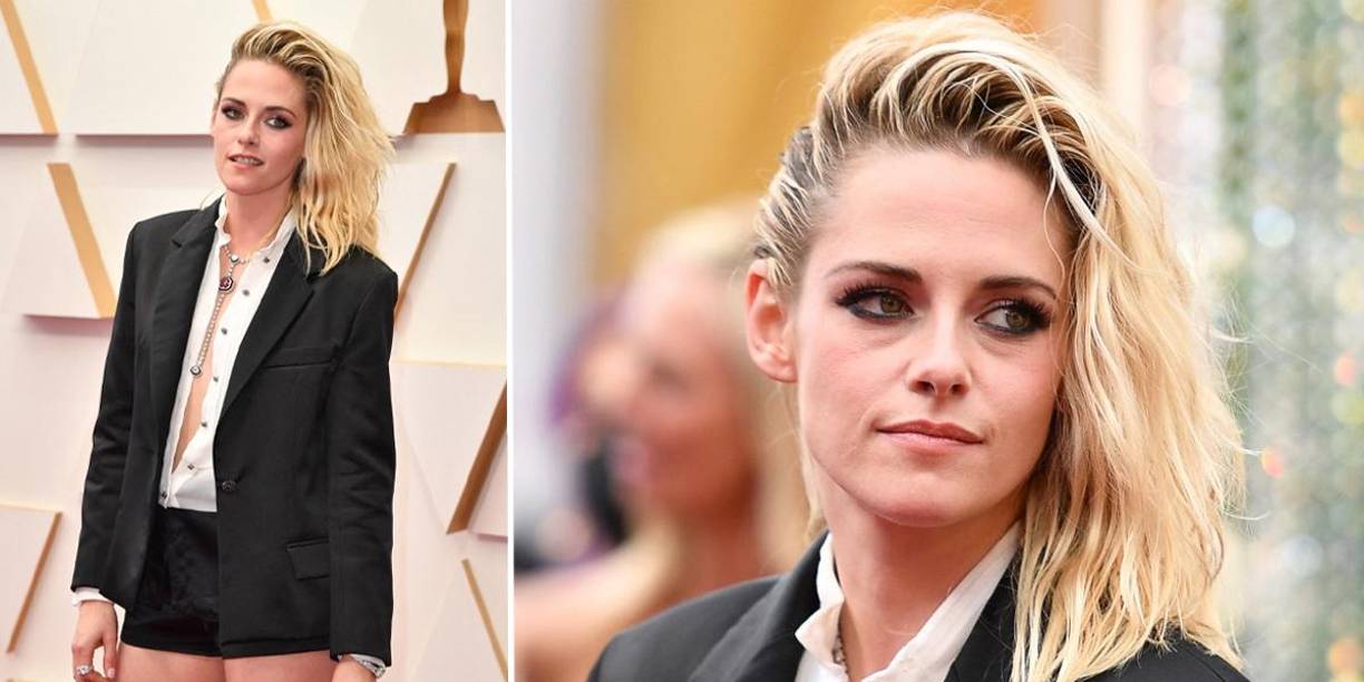 La actriz estadounidense Kristen Stewart rompió el protocolo al asistir en short y un blazer a la alfombra roja de los Premios Óscar 2022. 