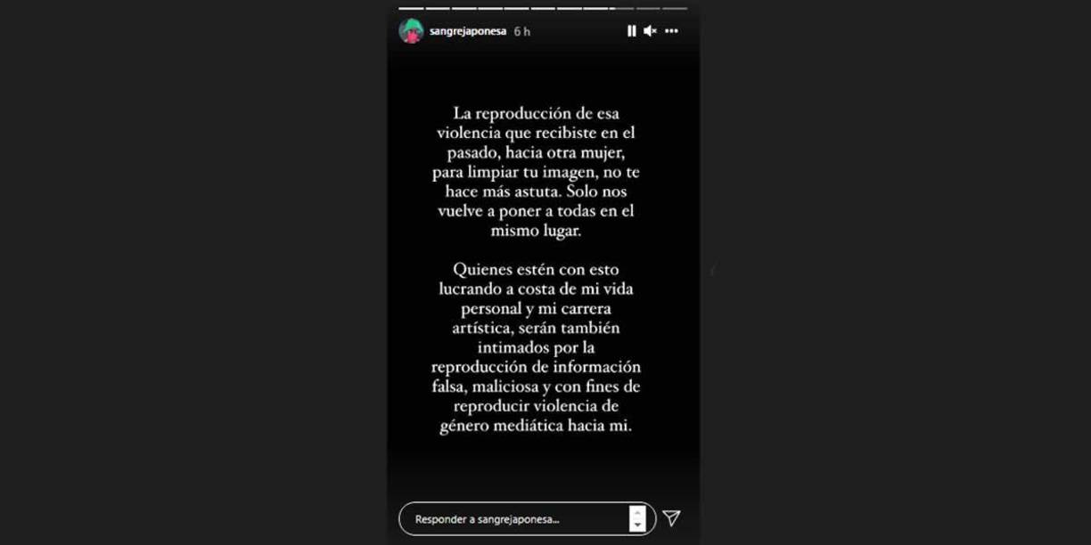 “Quienes estén con esto lucrando a costa de mi vida personal y mi carrera artística, serán también intimados por la reproducción de información falsa, maliciosa y con fines de reproducir violencia machista de género mediática hacia mi”, agrega la actriz argentina.