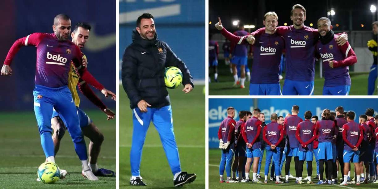 Imágenes del primer entrenamiento de Xavi Hernández contando con el equipo completo tras la llegada de los futbolistas internacionales.