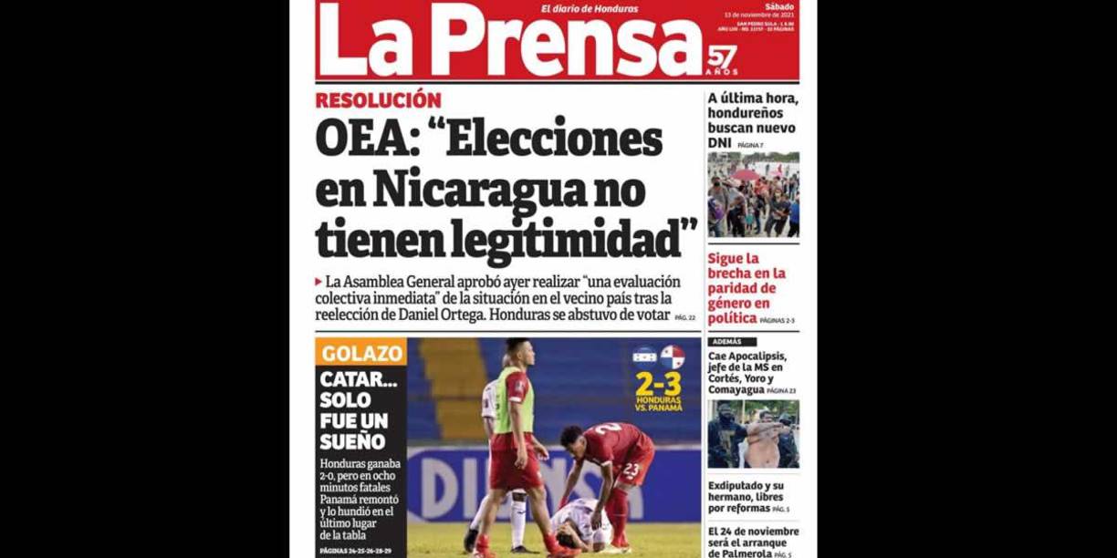 Diario La Prensa - “Qatar solo fue un sueño”. “Honduras ganaba 2-0, pero en ocho minutos fatales Panamá remontó y lo hundió en el último lugar de la tabla”.