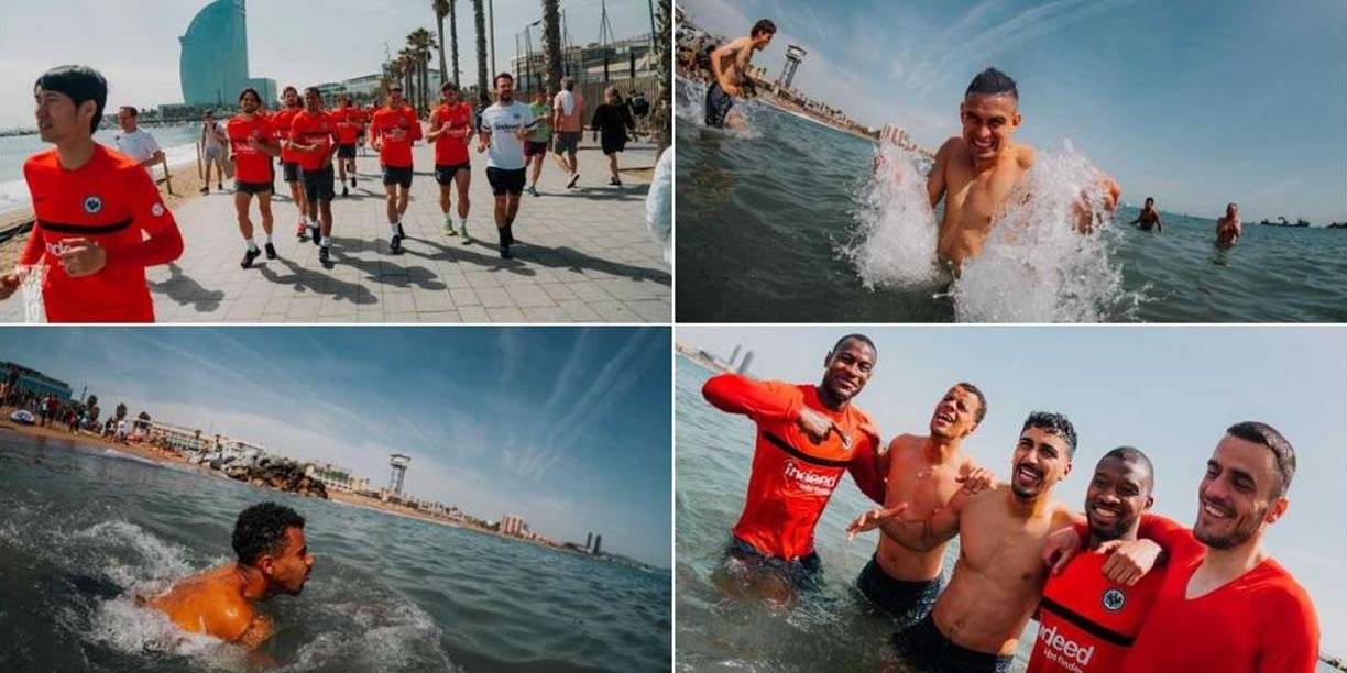 Los jugadores del Eintracht Frankfurt se bañaron este viernes en la playa de Barcelona después de la histórica victoria que lograron en el Camp Nou ante el equipo azulgrana (2-3) que les valió el pase a las semifinales de la Europa League.