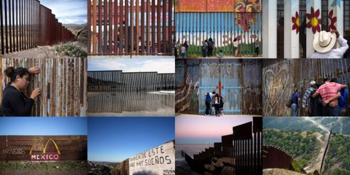 Combo de imágenes de la valla fronteriza entre México y Estados Unidos tomadas en los estados de Sonora y Baja California, México, y en los estados de Arizona y California.