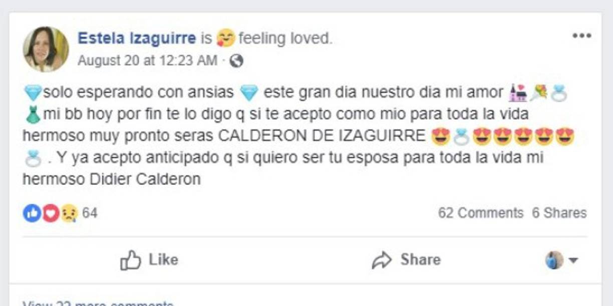 Estela compartió emocionada en Facebook que ambos se iban a casar. La ilusión fue apagada por Didier la madrugada del jueves 23 de agosto.