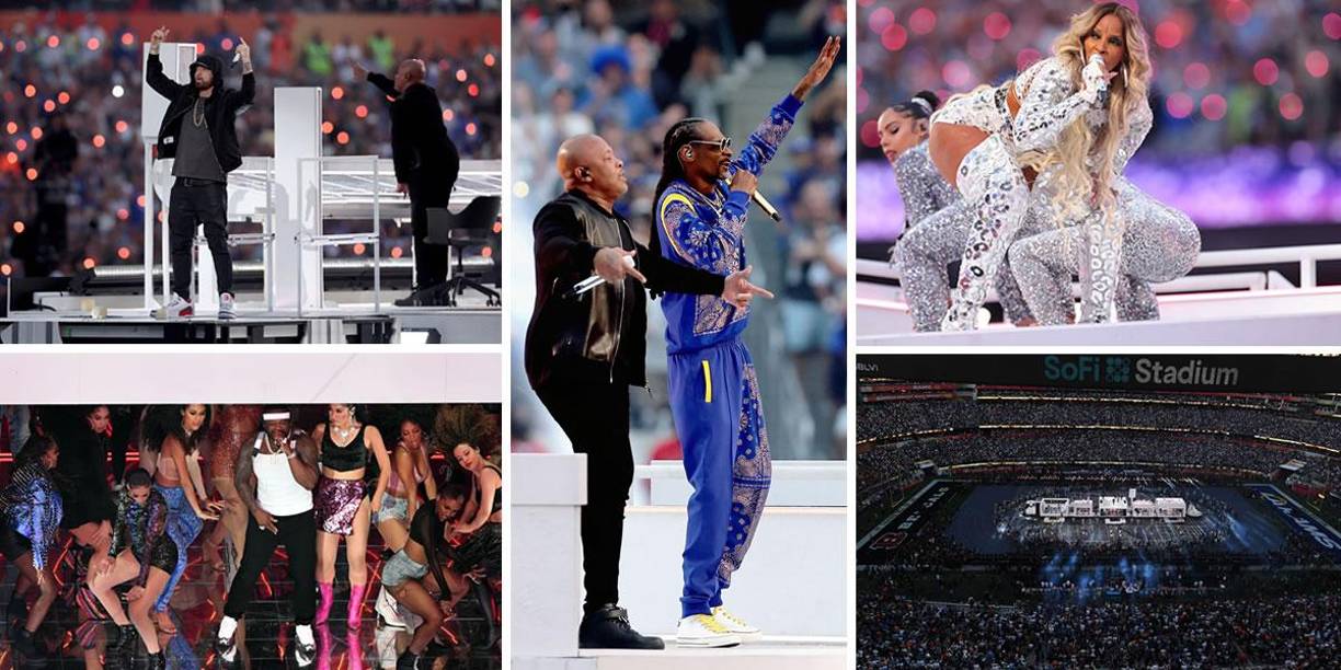 Las imágenes del espectacular show del medio tiempo Super Bowl LVI que disputan Los Angeles Rams y los Cincinnati Bengals en el SoFi Stadium de California.