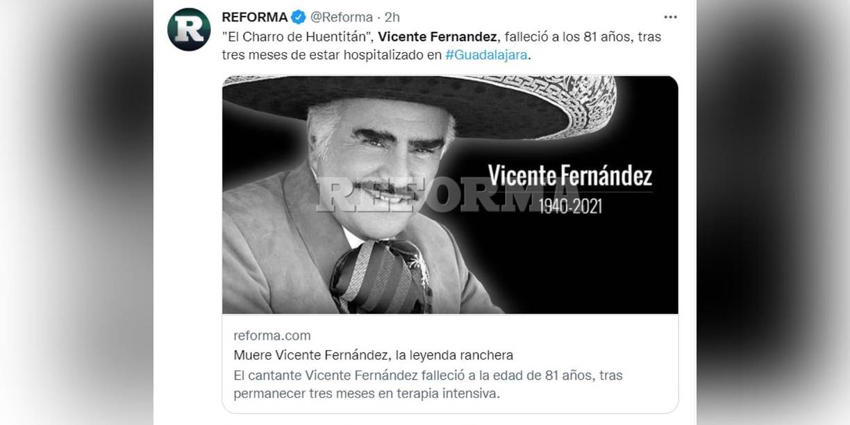 El deceso ocurrió luego de que el intérprete de Hermoso cariño pasara cuatro meses hospitalizado debido a complicaciones derivadas de la caída que sufrió en agosto.