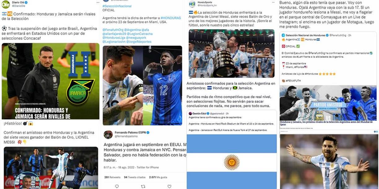 Se confirmó el amistoso Argentina-Honduras para la fecha FIFA de septiembre y así reaccionaron los medios tanto hondureños como argentinos. En las redes sociales también hablaron del partido que se jugará en Miami, Estados Unidos.