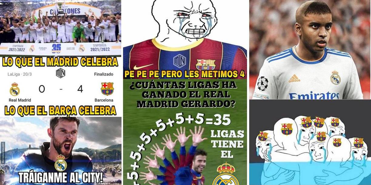 El Real Madrid conquistó su título 35 de la Liga Española tras golear (4-0) al Espanyol en el estadio Santiago Bernabéu y los memes se burlan del Barcelona.