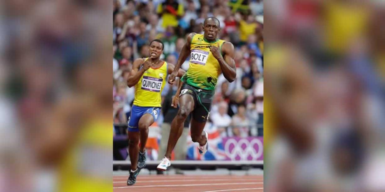 Alex Quiñónez corriendo cerca de Usain Bolt en las Olimpiadas de 2012.
