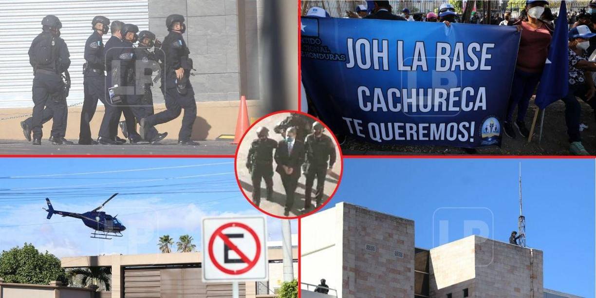 Trasladado desde la sede de los Tigres, donde está recluido desde hace un mes, Juan Orlando Hernández comparece en su segunda audiencia este miércoles, bajo un intenso resguardo policial. 