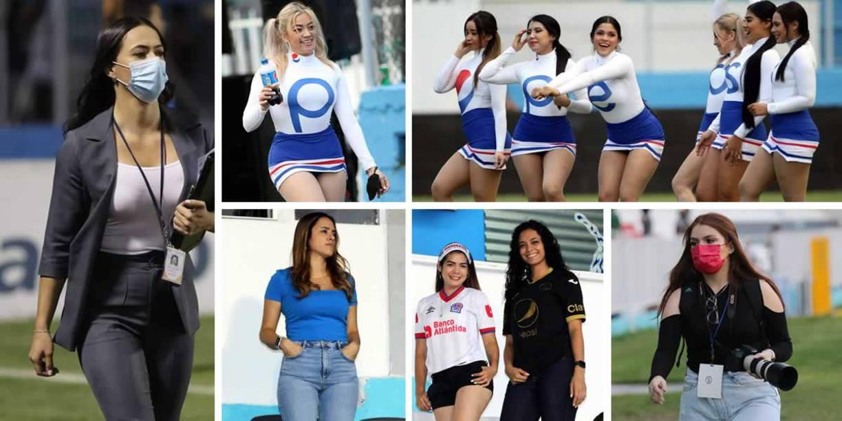 Las bellas chicas que cautivaron en el clásico Motagua-Olimpia por la ida de las semifinales del Torneo Clausura 2022, en el estadio Nacional Chelato Uclés.