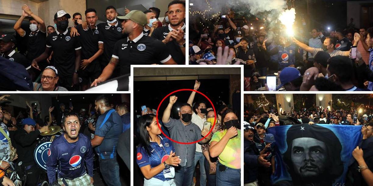 El Motagua recibió el calor de sus aficionados con un espectacular banderazo en el hotel de concentración del equipo azul previo al partido de ida de la final del Torneo Clausura 2022 contra el Real España en Tegucigalpa.