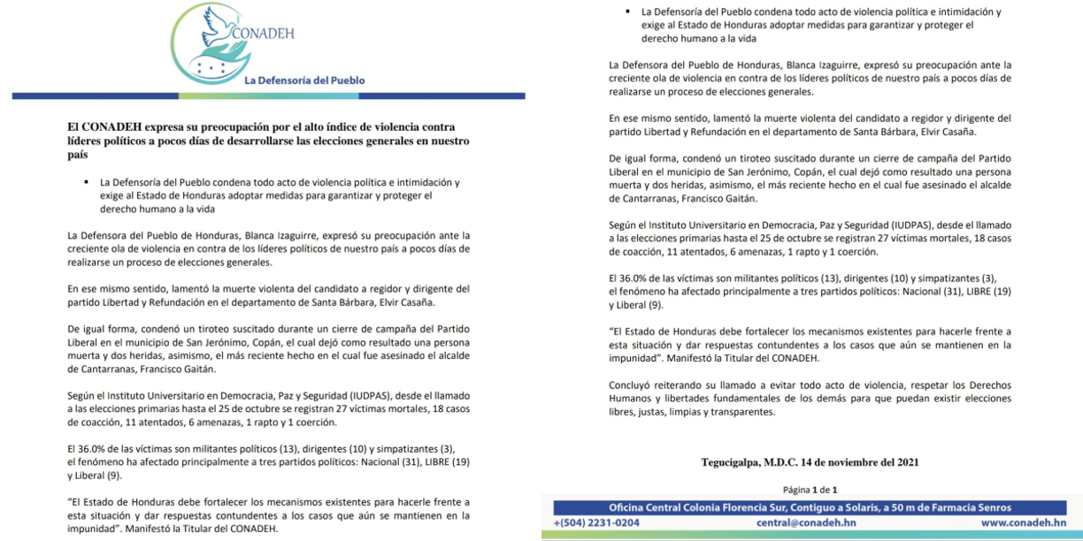 CONADEH ha expresado su preocupación por la ola de violencia entre políticos hondureños en el marco de las elecciones generales 2021. 