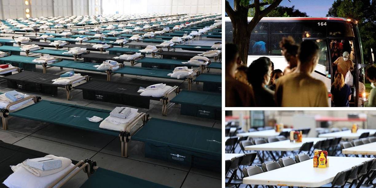 Las autoridades de Nueva York habilitaron gigantescas tiendas de campaña levantadas en una isla que se utilizarán como un refugio temporal para los miles de inmigrantes que siguen llegando a la ciudad en autobuses procedentes desde Texas.