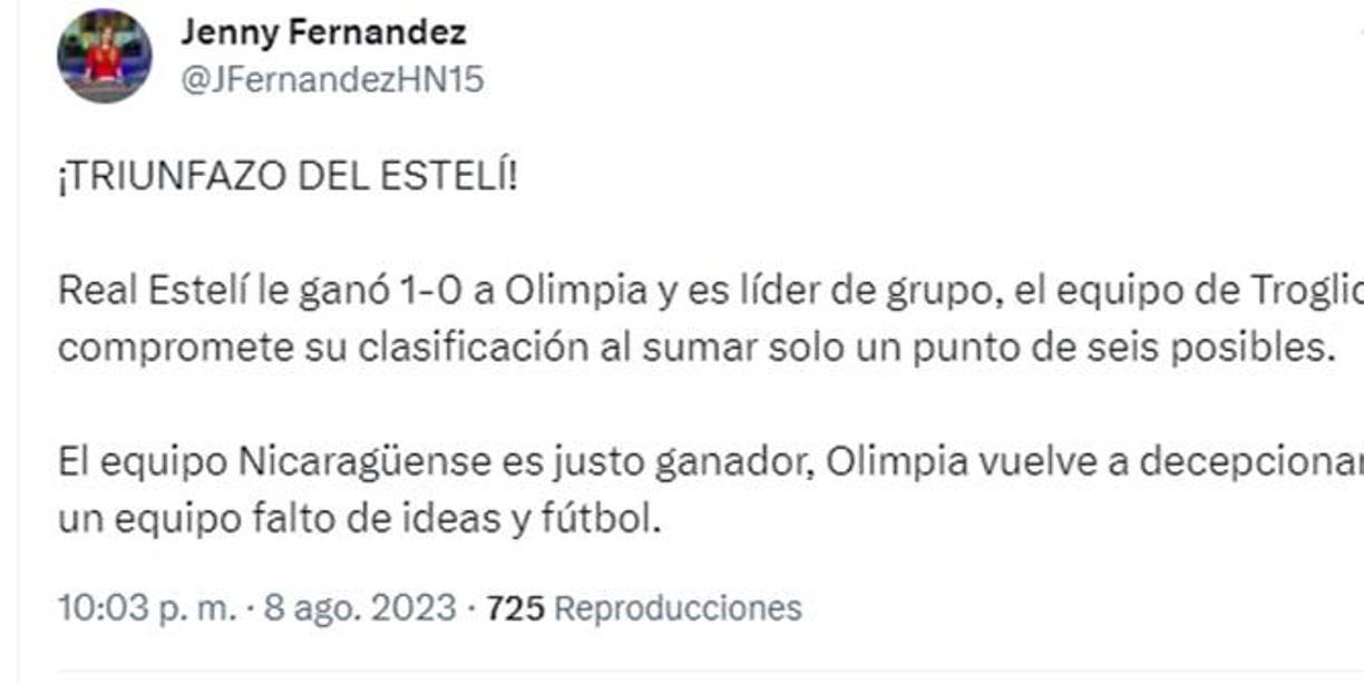 ”Olimpia vuelve a decepcionar, un equipo falto de ideas y fútbol”, fueron algunas de las conclusiones de la periodista hondureña Jenny Fernández tras la caída del albo en Nicaragua.