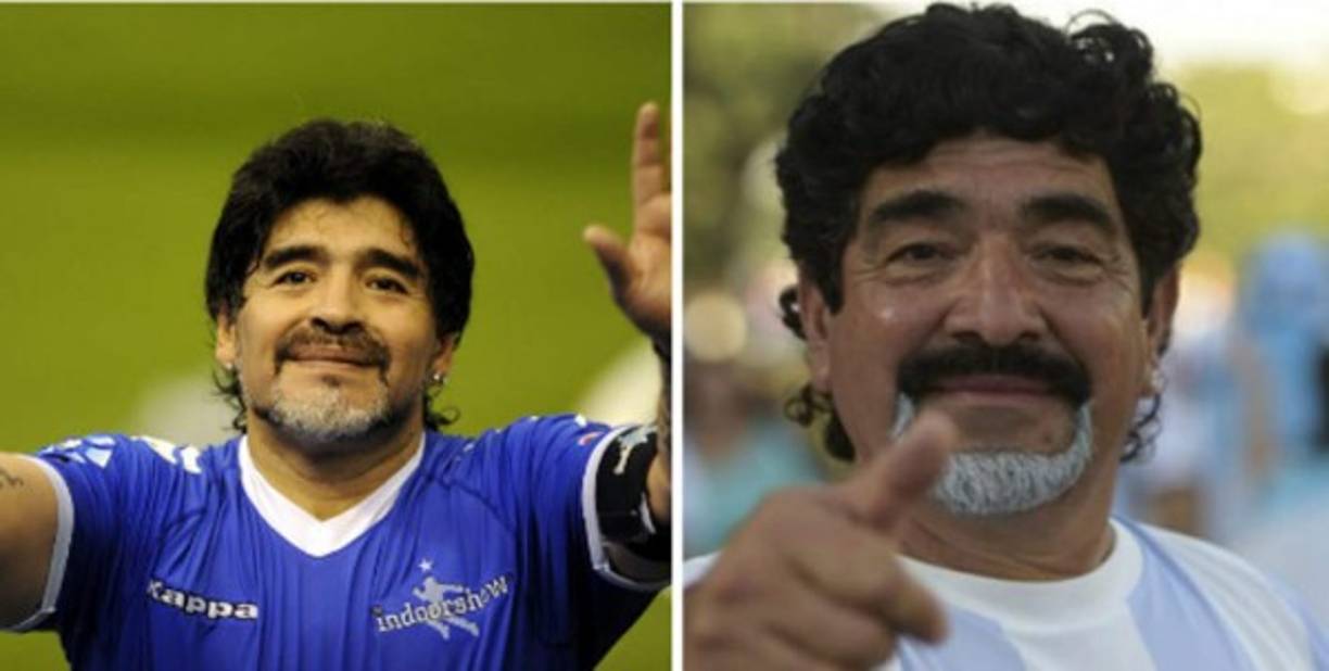 Maradona y un hombre con un gran parecido.