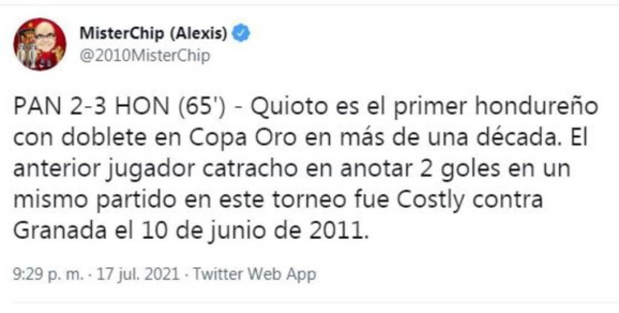 El estadígrafo español MisterChip informó que Romell Quioto es el primer hondureño con doblete en la Copa Oro en más de una década.
