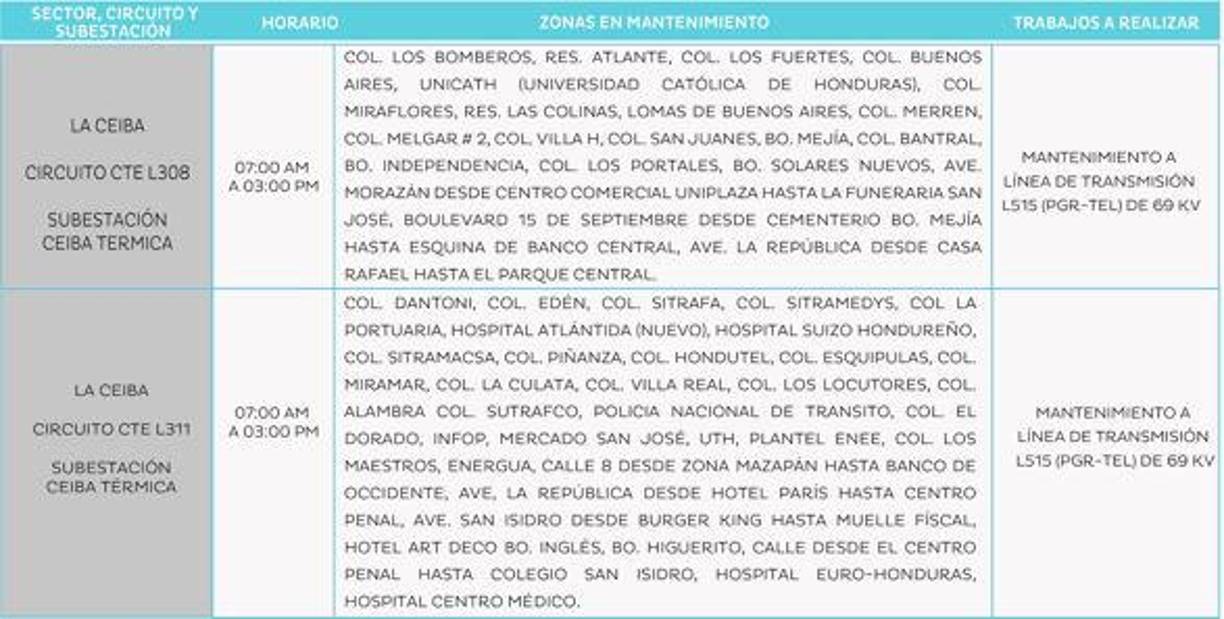 Zonas de La Ceiba sin luz entre 7:00 a. m. y 3:00 p. m. 