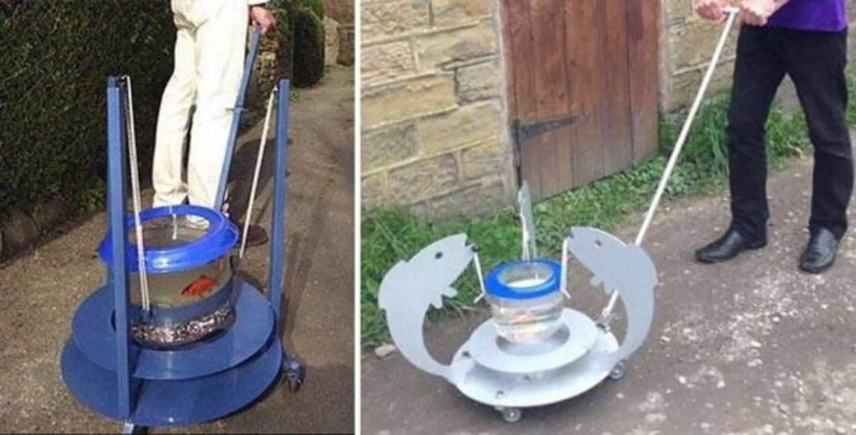 PASEADOR DE PECESITOS.<br/>Tu pez ya no se aburrirá de estar encerrado todo el día en su pecera con este invento que te permitirá llevarlo de paseo como a cualquier otra mascota. Estamos seguros de que atraerás todas las miradas.