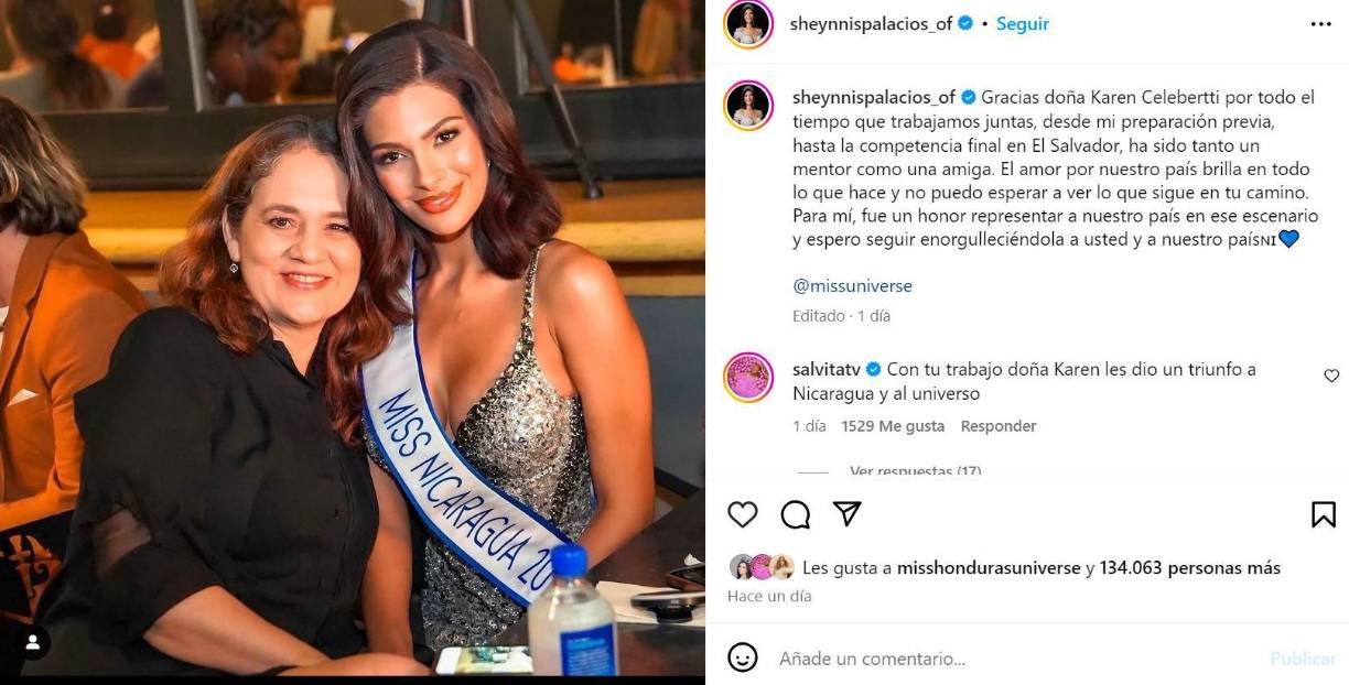 ”El amor por nuestro país brilla en todo lo que hace (Celebertti) y no puedo esperar a ver lo que sigue en tu camino”, continuó la Miss Universo 2023.