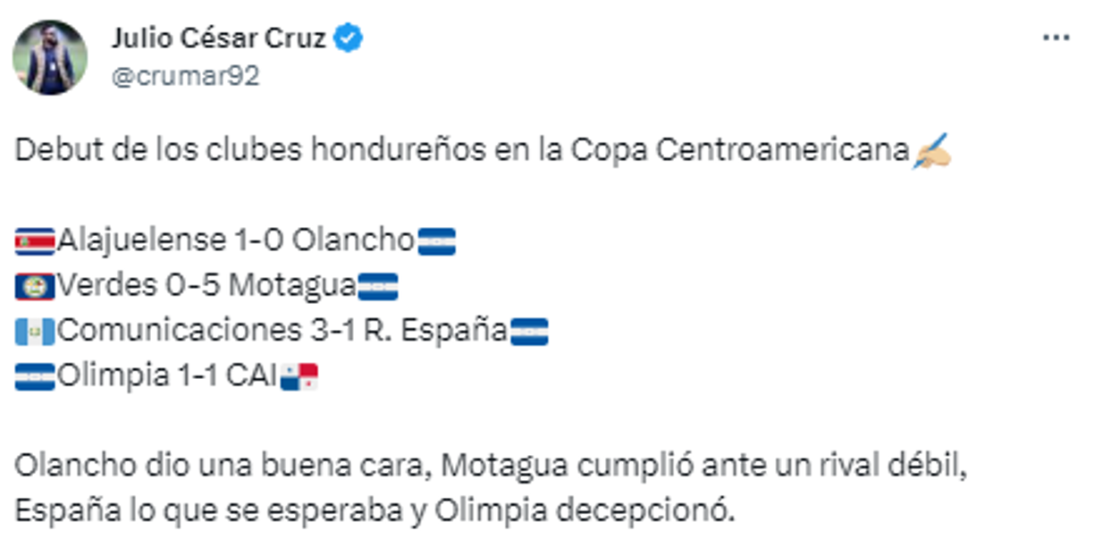 Julio Cruz, periodista de El Heraldo: “Olancho dio una buena cara, Motagua cumplió ante un rival débil, España lo que se esperaba y Olimpia decepcionó”.