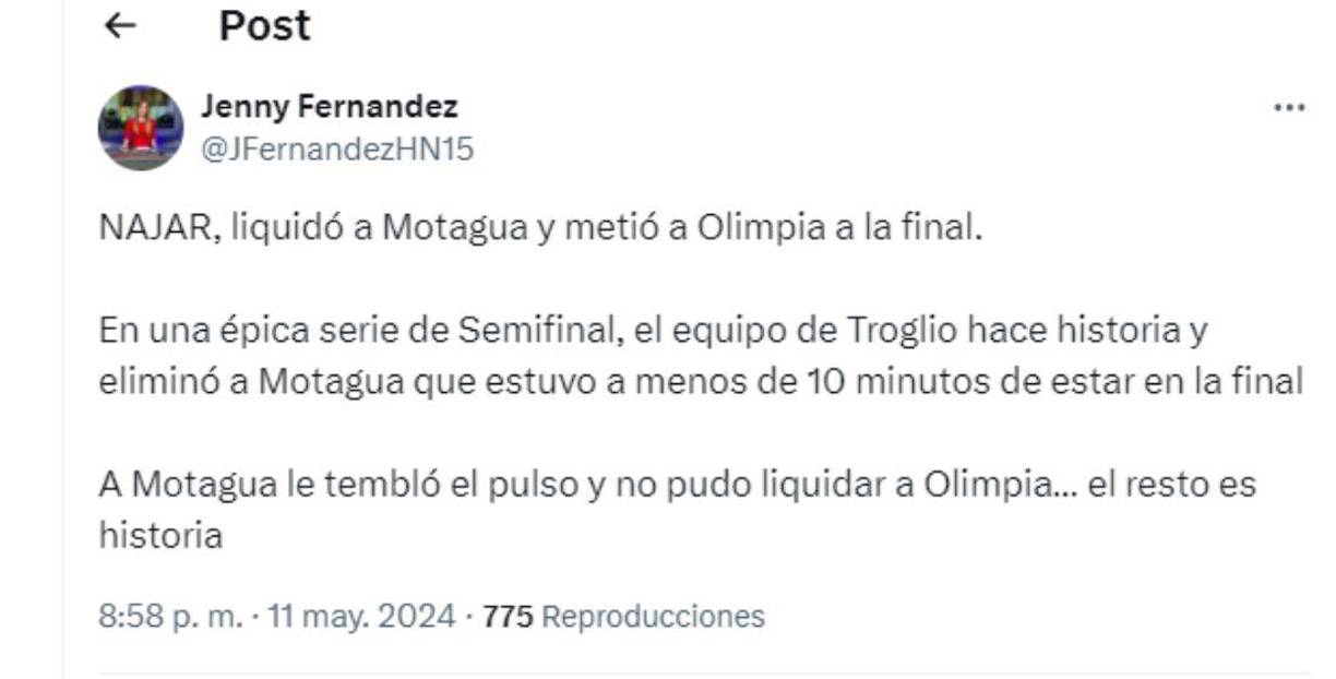 ”En una épica serie de semifinal, el equipo de Troglio hace historia y eliminó al Motagua que estuvo a menos de 10 minutos de estar en la final”, dijo Jenny Fernández.