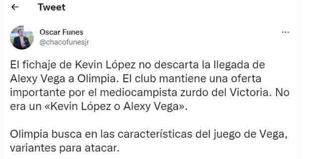 “Chaco” Funes informó que Olimpia siempre interesado en fichar a Alexy Vega.