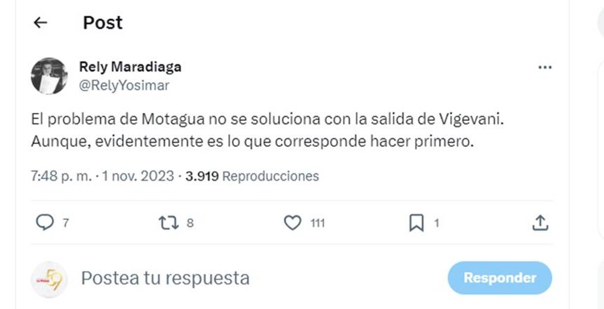 Rely Maradiaga indicó que Vigevani tendría que ser cesado, aunque el problema no se soluciona con su marcha. 