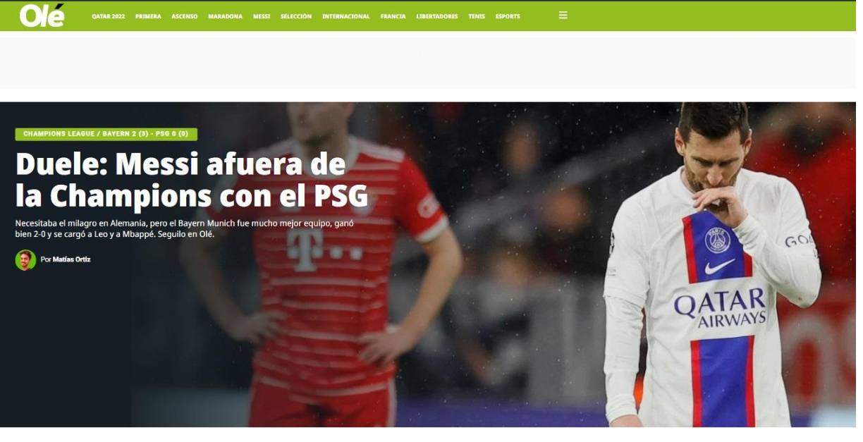 Diario Olé de Argentina: “Duele: Messi afuera de la Champions con el PSG”.