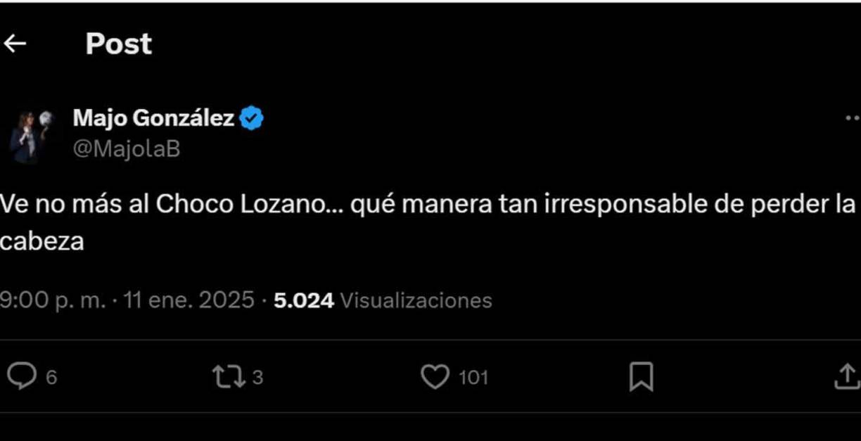 Majo González, narradora de TNT Sports Mx - “Ve no más al Choco Lozano... qué manera tan irresponsable de perder la cabeza”.